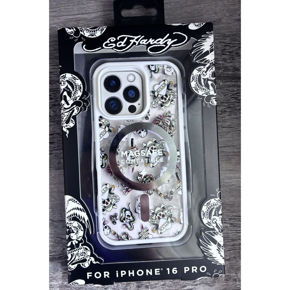 Ed Hardy iPhone 16 Pro MagSafe Case Skull Tattoo Clear Protective Phone Cover
